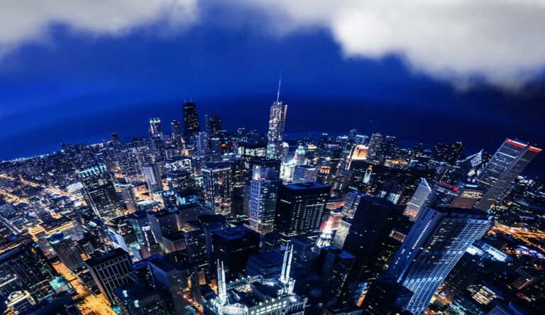 Dynamic city skyline lit up by lights