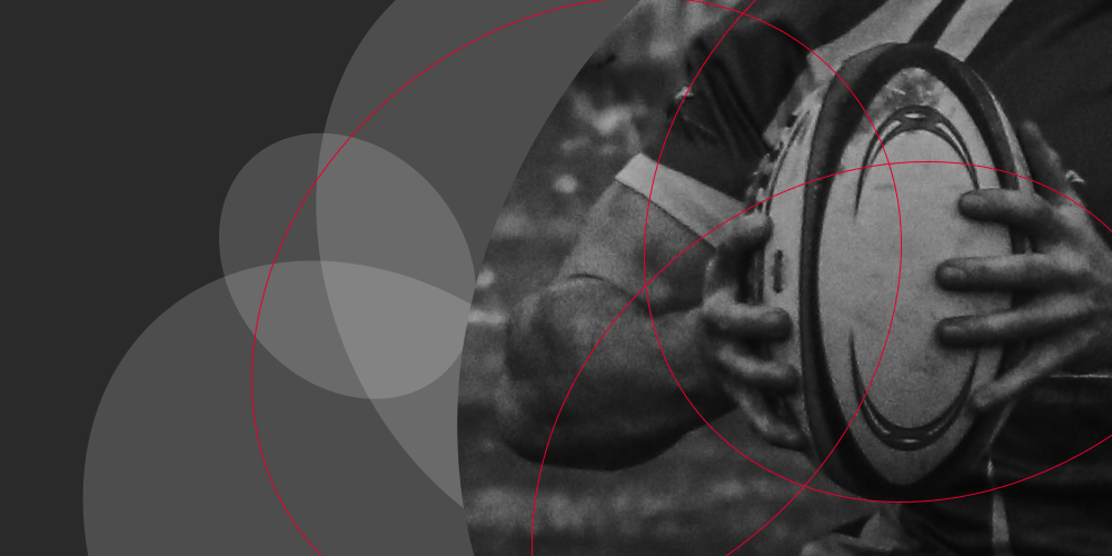 Rugby player gripping a ball in action, styled with graphic overlays, representing the excitement of the Six Nations championship.