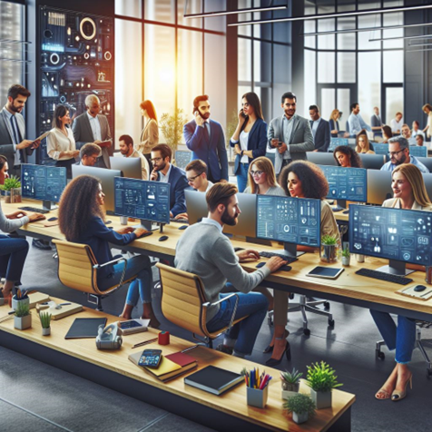 Thumbnail Image modern IT Service Desk with diverse team members and technology elements, colorful, different devices in use, Picture