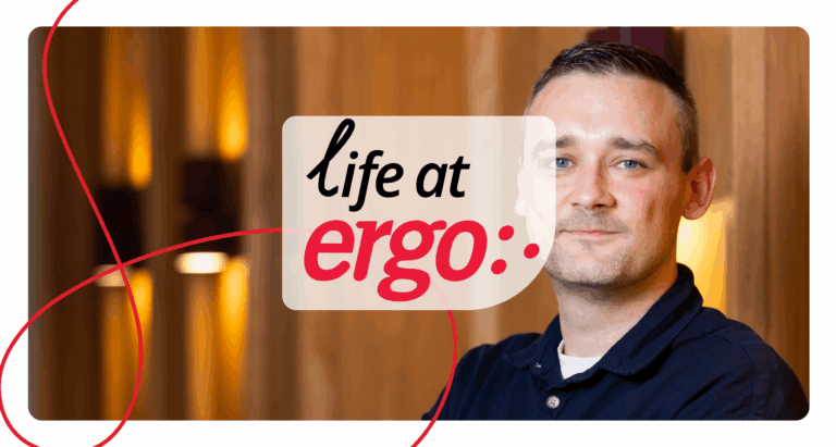 Professional setting with text overlay reading ‘life at Ergo,’ highlighting the Head of AI role and workplace culture.