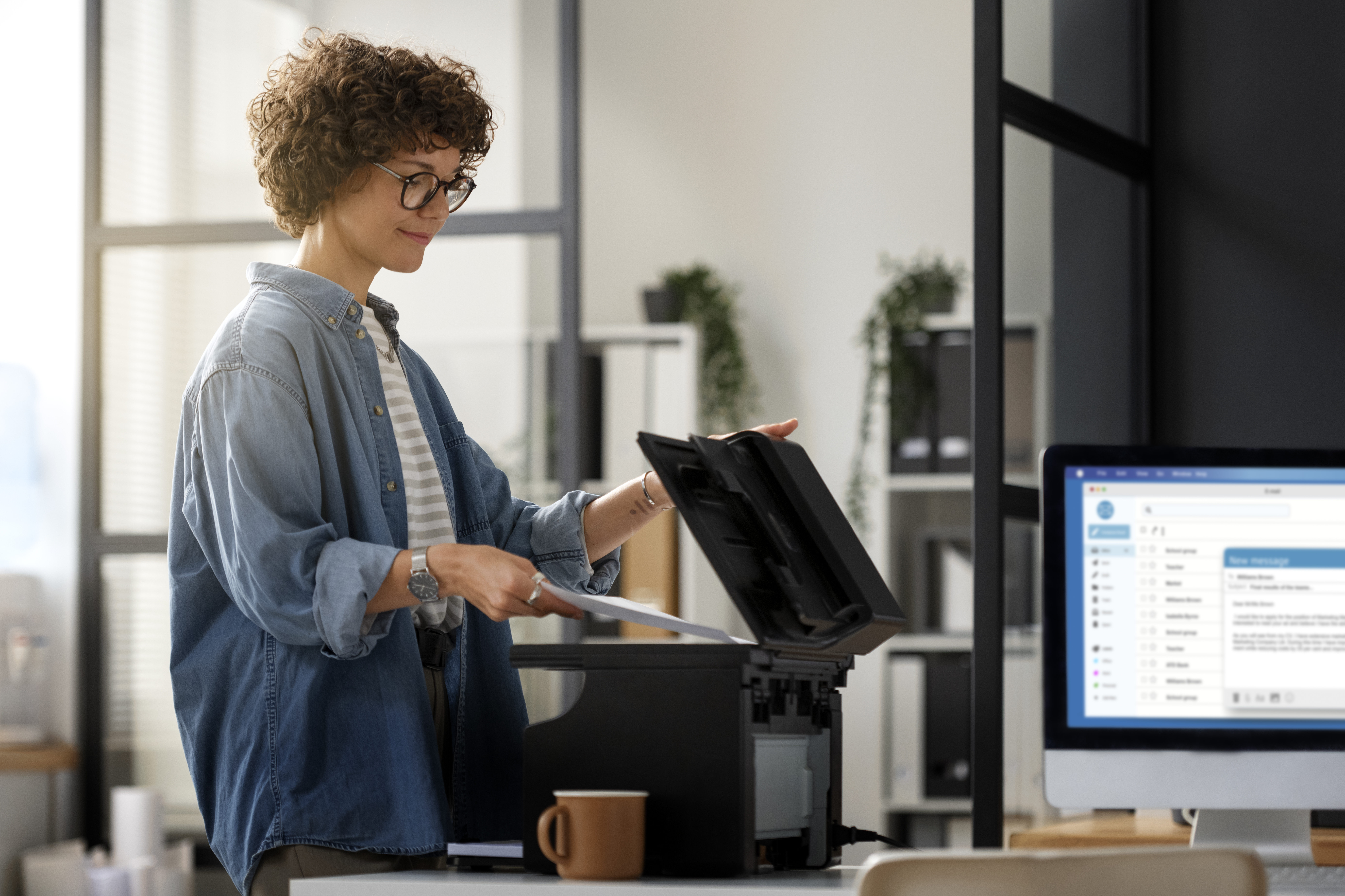 Person using a multifunction printer in a modern office with a desktop computer displaying an email interface, representing device management and workflow efficiency.