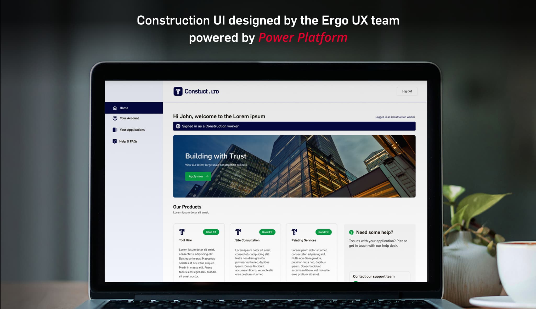 Laptop displaying a construction portal UI designed by the Ergo UX design team using Microsoft Power Platform.