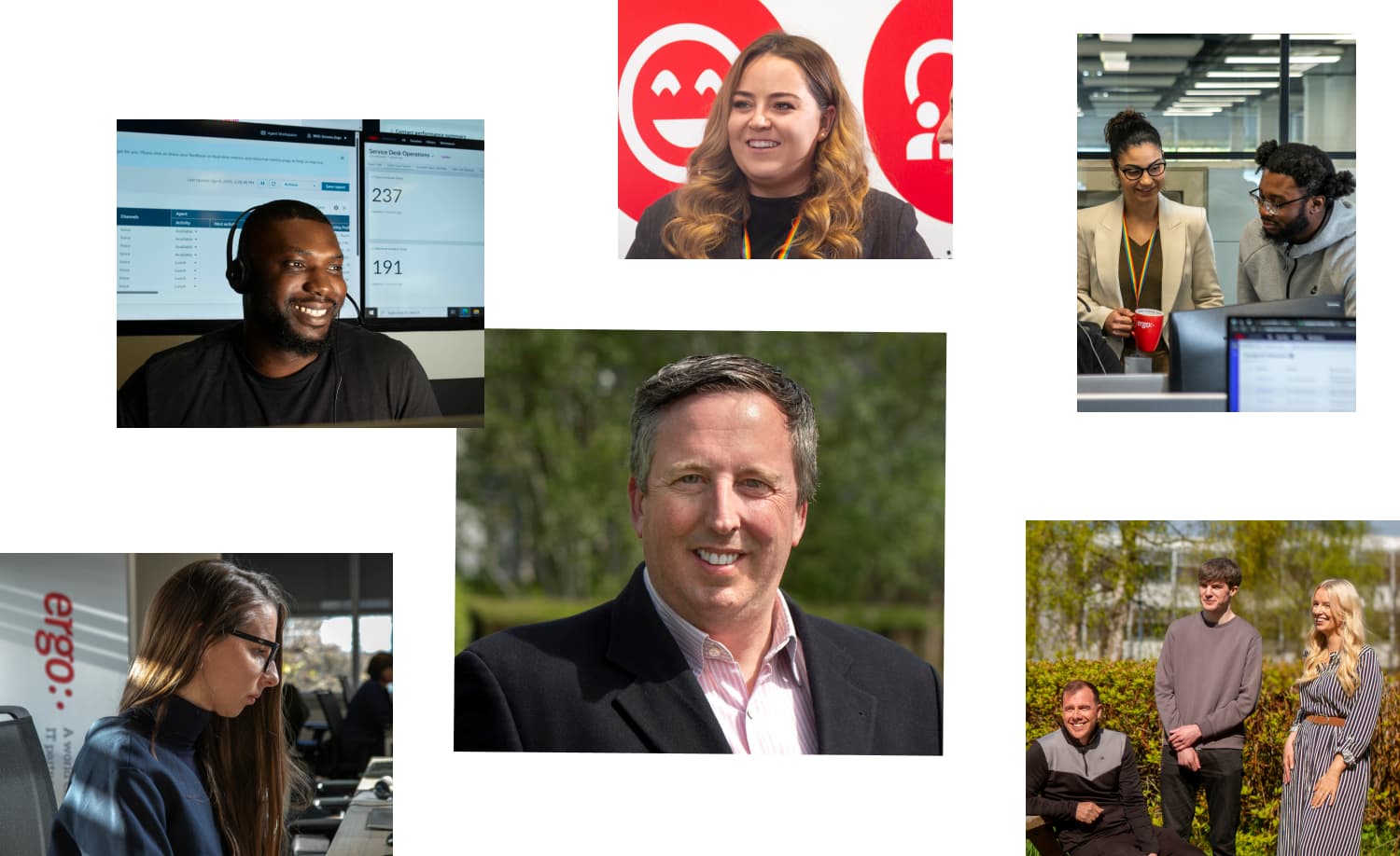 Collage of employees working in various professional environments, including office collaboration, outdoor corporate settings, and tech workstations, representing a diverse and dynamic workplace culture.