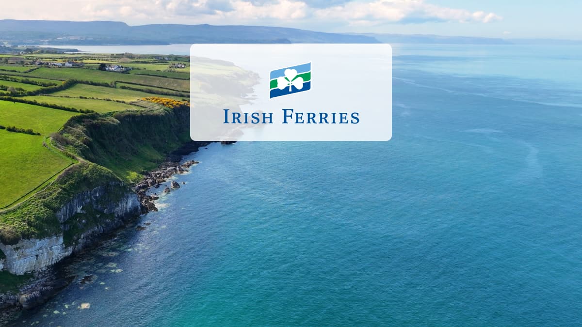 Irish Ferries banner displayed over a scenic coastal landscape with cliffs, showing Irish Ferries migration to SD-WAN with Ergo