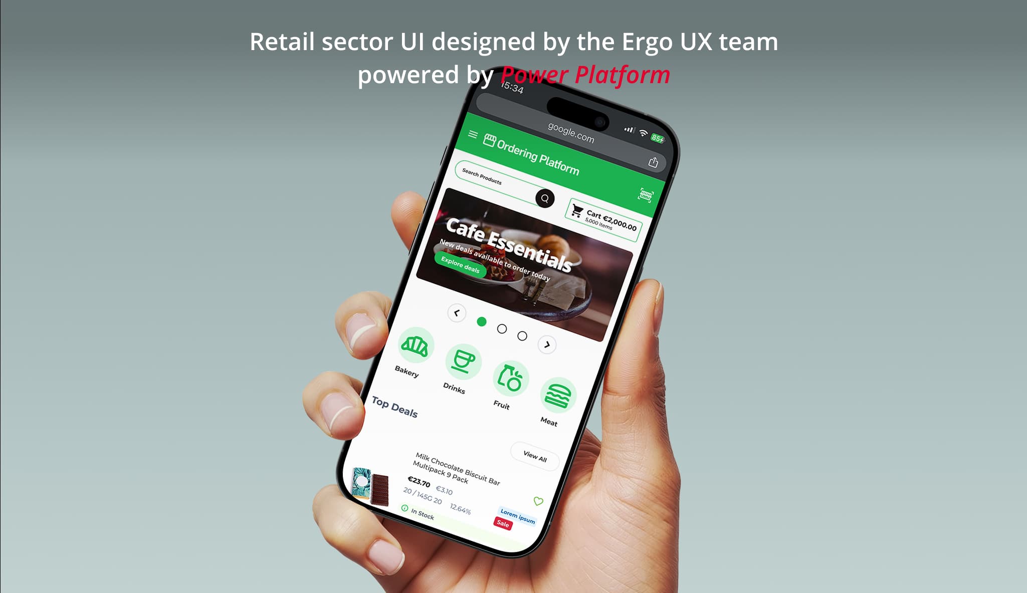 Hand holding a smartphone displaying a retail ordering platform UI with product categories and stock details, designed by the Ergo UX team for the retail sector.